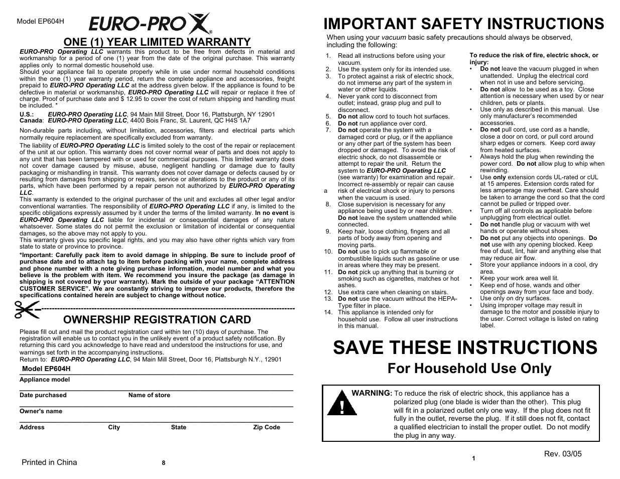 Save these instructions, Important safety instructions, For household use only | One (1) year limited warranty, Ownership registration card | Euro-Pro EP604H User Manual | Page 3 / 6