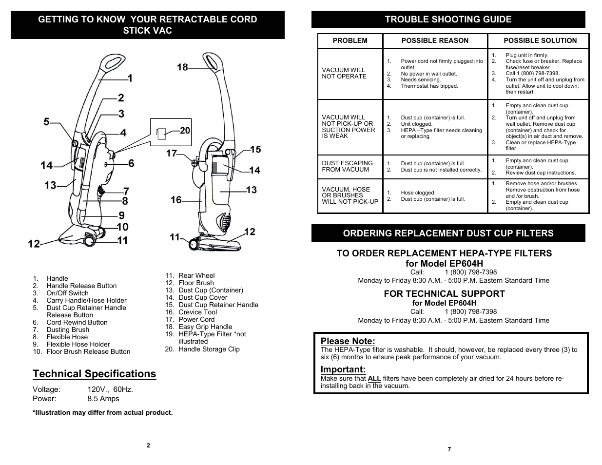 Technical specifications, For technical support, Important | Euro-Pro EP604H User Manual | Page 4 / 6