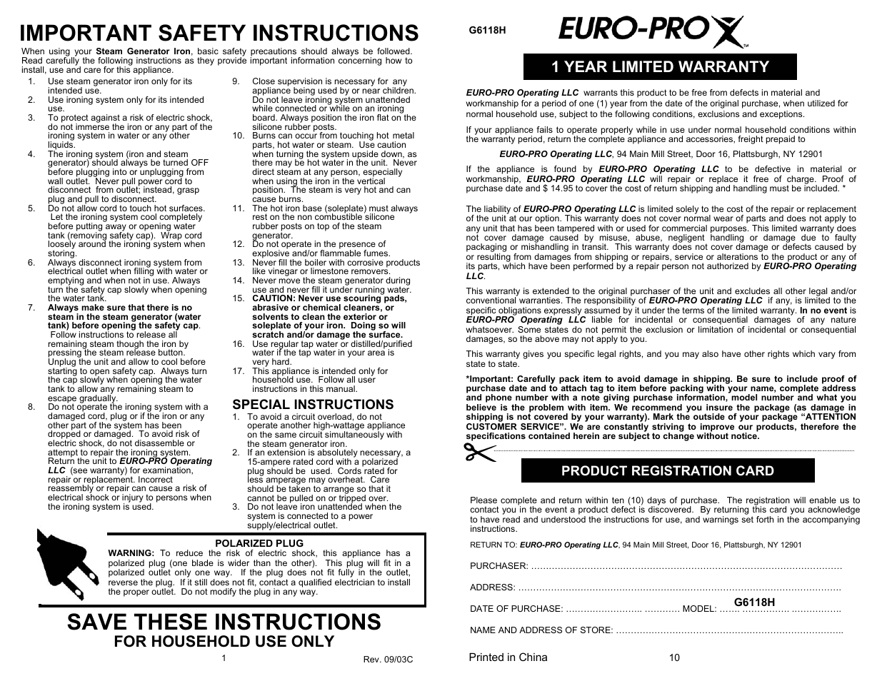 Important safety instructions, Save these instructions, 1 year limited warranty | For household use only, Special instructions, Product registration card | Euro-Pro G6118H User Manual | Page 2 / 6