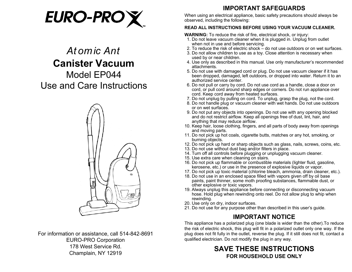 Euro-Pro ATOMIC ANT EP044 User Manual | 4 pages