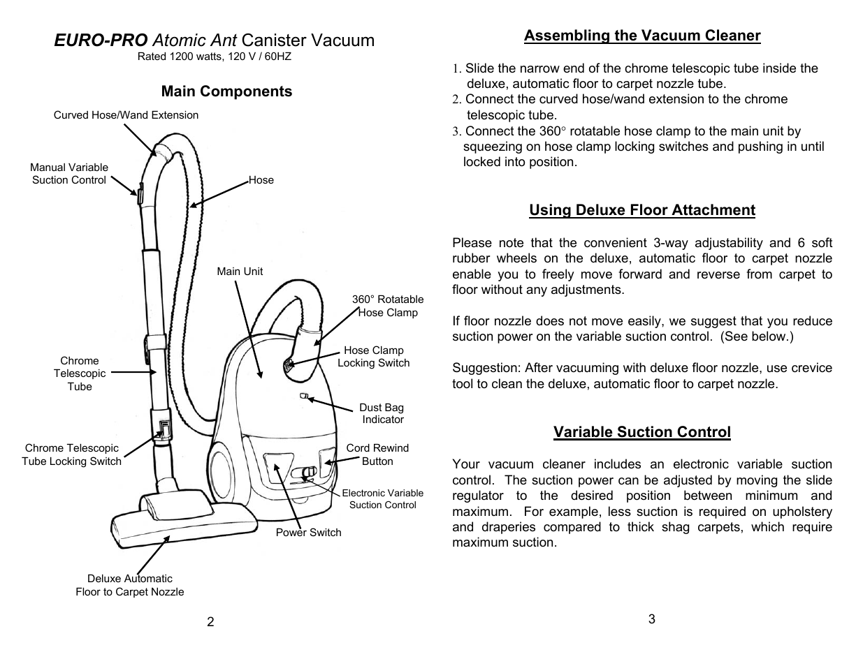 Euro-pro atomic ant canister vacuum | Euro-Pro ATOMIC ANT EP044 User Manual | Page 2 / 4