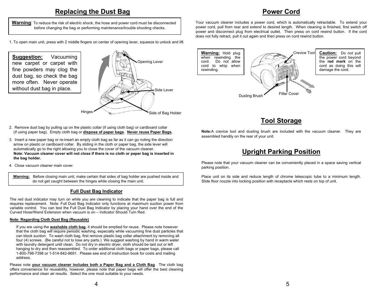 Replacing the dust bag power cord, Tool storage, Upright parking position | Euro-Pro ATOMIC ANT EP044 User Manual | Page 3 / 4