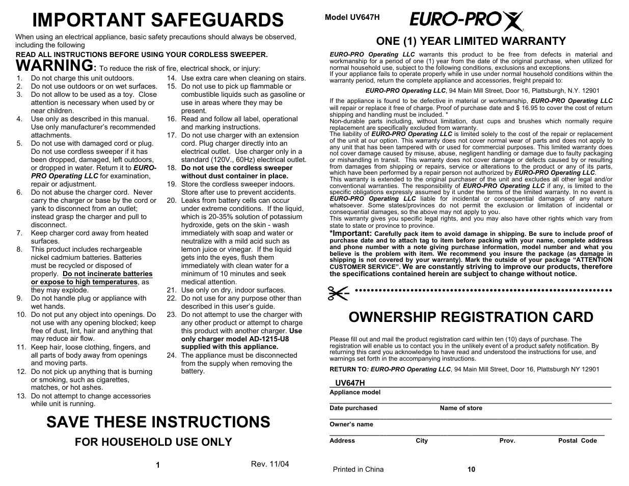 Important safeguards, Warning, Save these instructions | Ownership registration card, For household use only, One (1) year limited warranty | Euro-Pro UV647H User Manual | Page 2 / 6