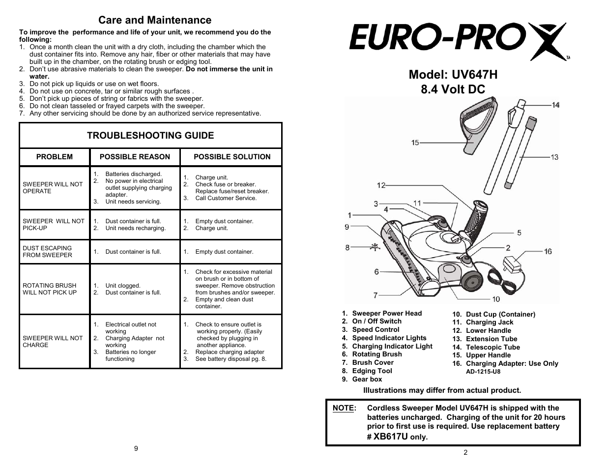 Care and maintenance, Troubleshooting guide, Xb617u | Euro-Pro UV647H User Manual | Page 3 / 6