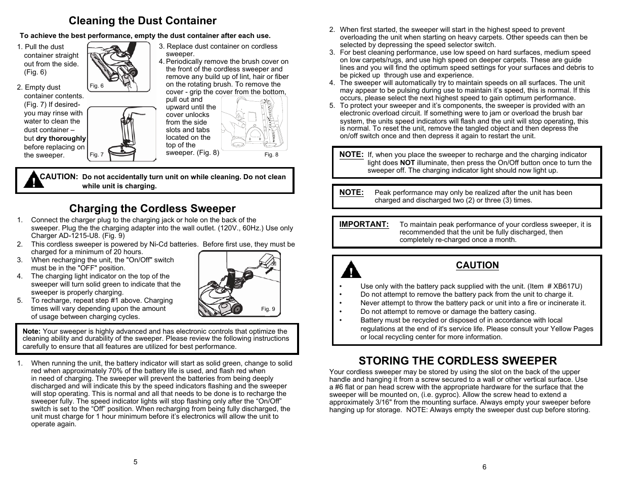 Cleaning the dust container, Charging the cordless sweeper, Storing the cordless sweeper | Caution | Euro-Pro UV647H User Manual | Page 6 / 6