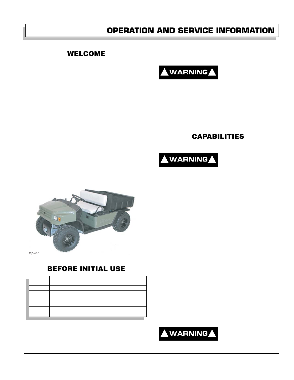 Welcome, Before initial use, Fig. 1 initial service chart | Capabilities, Terrain, Vehicle capacity, Operation and service information | E-Z-GO 602080 User Manual | Page 17 / 64