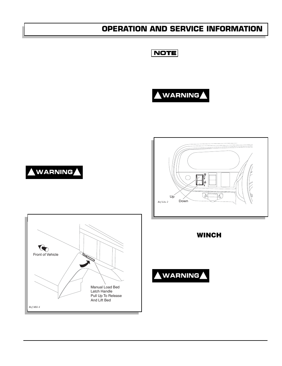 Tailgate, Manual lift bed, Fig. 14 manual lift bed release | Electric lift bed operation, Fig. 15 electric lift bed switch, Winch, Winch applications, Operation and service information | E-Z-GO 602080 User Manual | Page 25 / 64