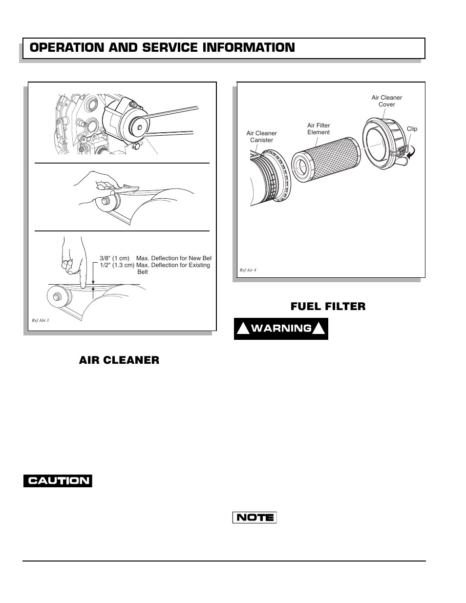 Fig. 28 adjusting alternator belt, Air cleaner, Canister type air cleaner | Cleaning air filter element, Fig. 29 air cleaner, Fuel filter, Operation and service information | E-Z-GO 602080 User Manual | Page 36 / 64