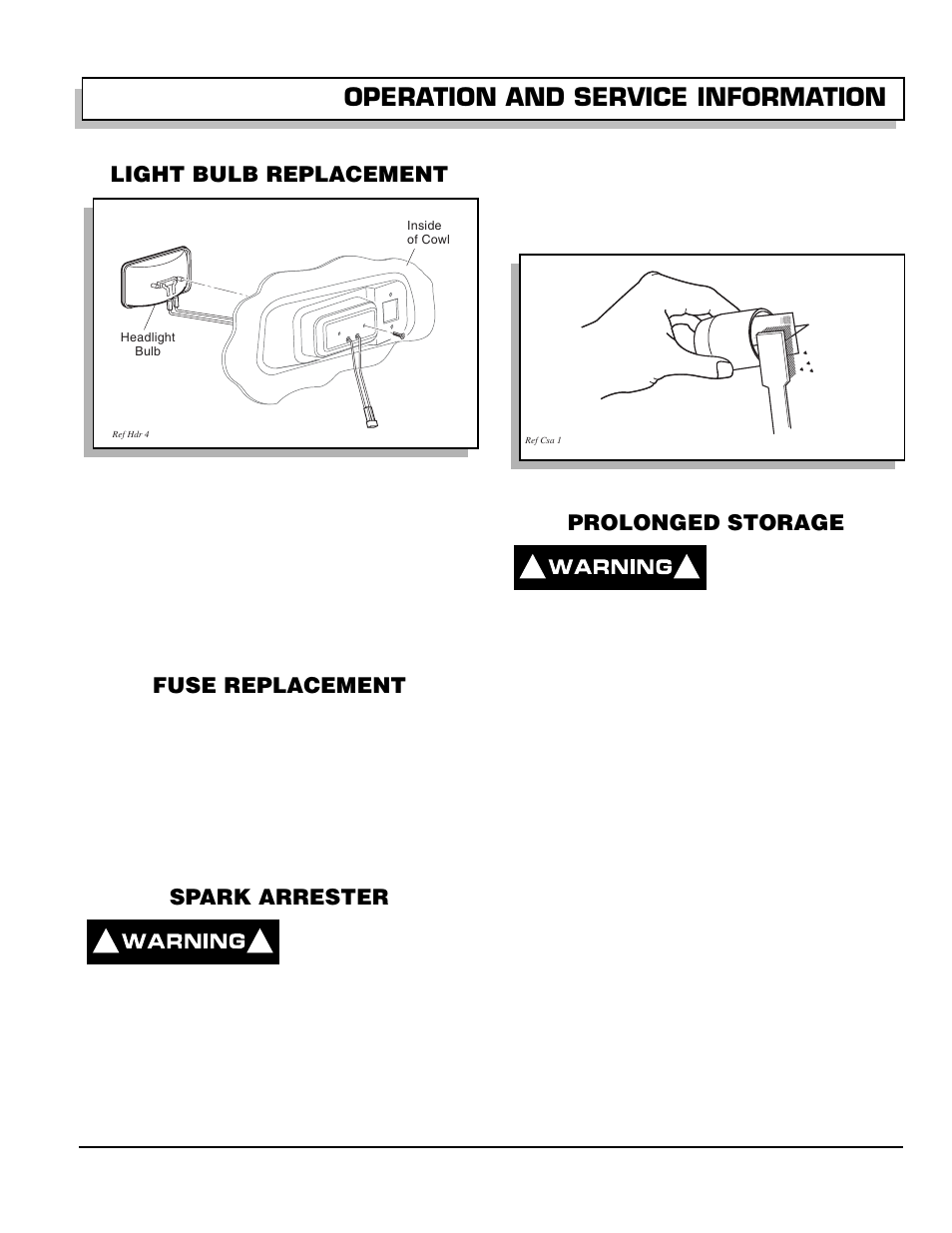 Light bulb replacement, Fig. 35 headlight replacement, Fuse replacement | Spark arrester, Fig. 36 cleaning spark arrester, Prolonged storage, Operation and service information | E-Z-GO 602080 User Manual | Page 41 / 64