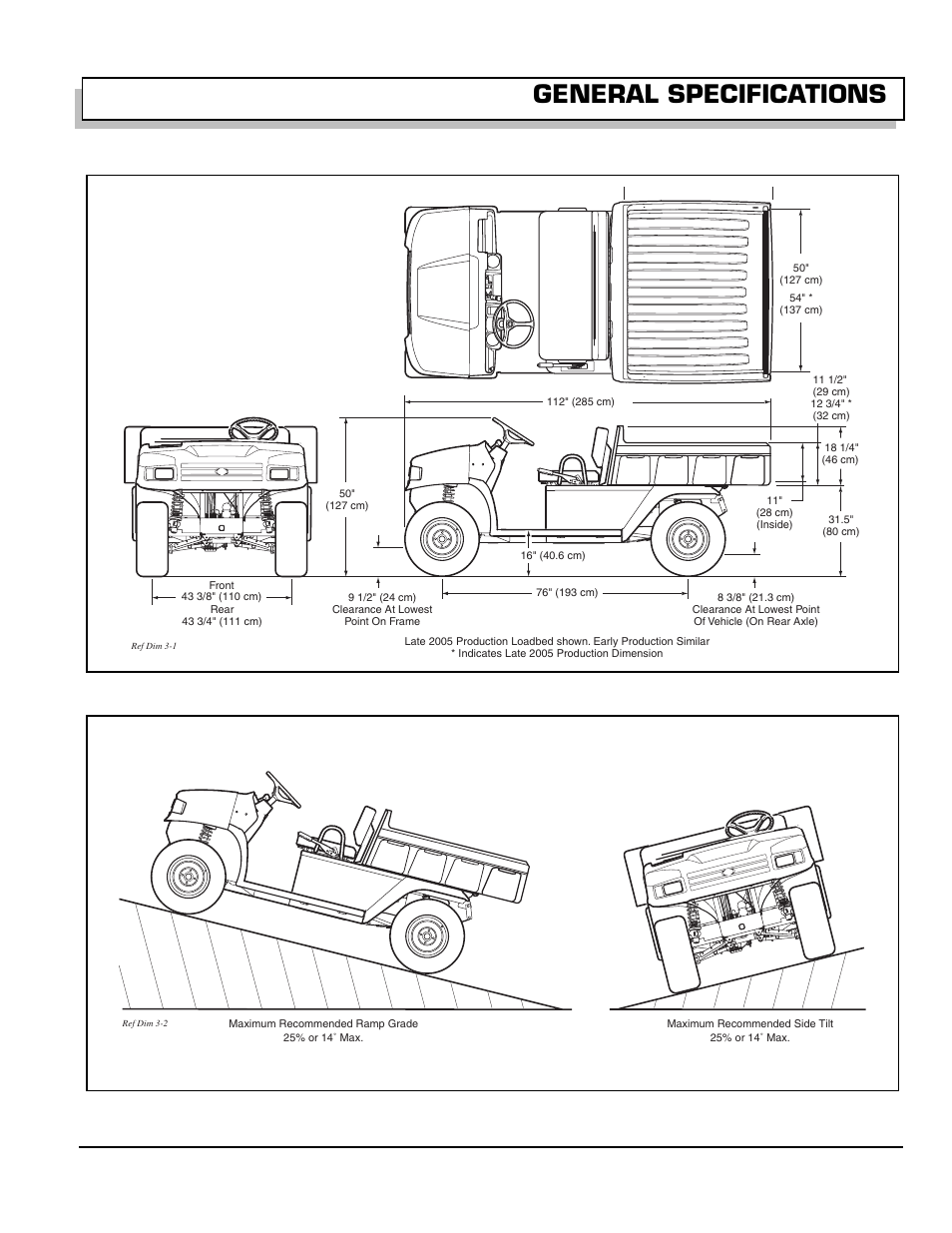 Fig. 42 vehicle dimensions, Fig. 43 vehicle incline specifications, General specifications | Owner’s manual and service guide | E-Z-GO 602080 User Manual | Page 47 / 64