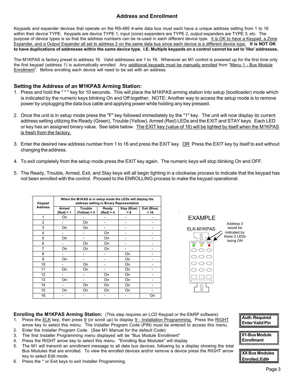 Example, Address and enrollment, Setting the address of an m1kpas arming station | Elk Keypad Arming Station -M1KPAS User Manual | Page 3 / 6