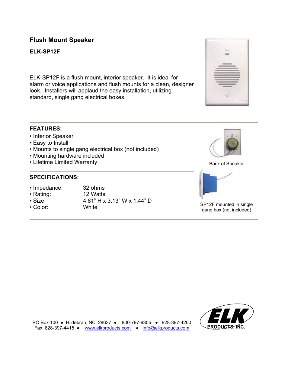 Elk EL-SP12F User Manual | 1 page