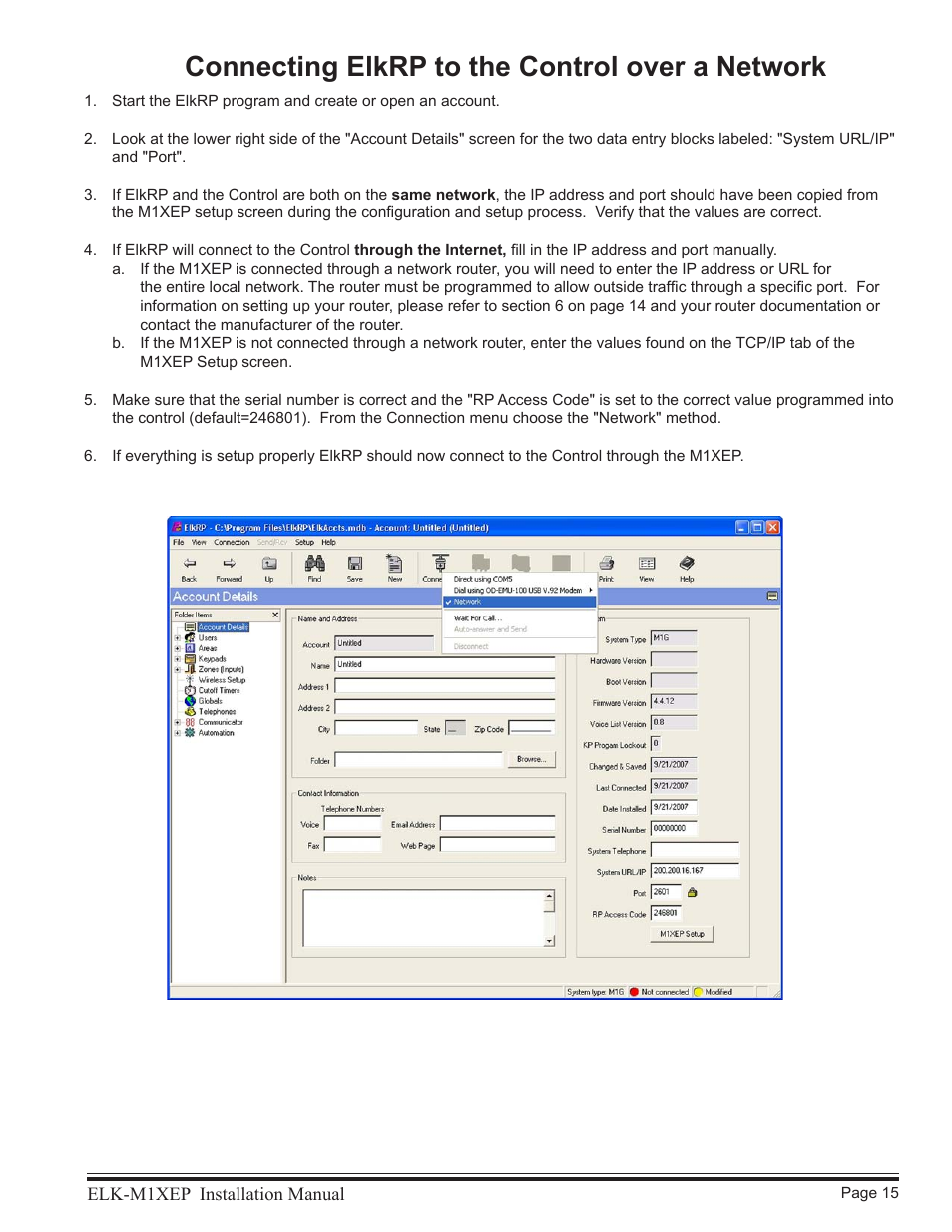 Connecting elkrp to the control over a network | Elk M1XEP User Manual | Page 15 / 26
