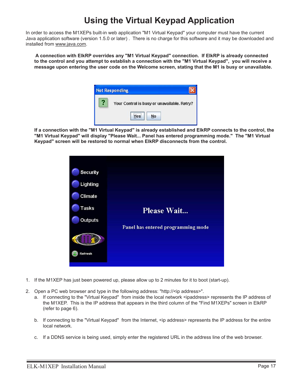 Using the virtual keypad application | Elk M1XEP User Manual | Page 17 / 26
