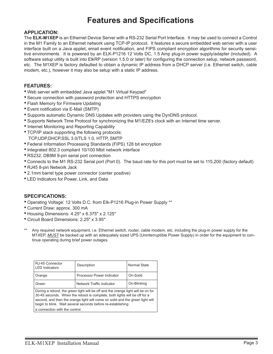 Features and specifications | Elk M1XEP User Manual | Page 3 / 26