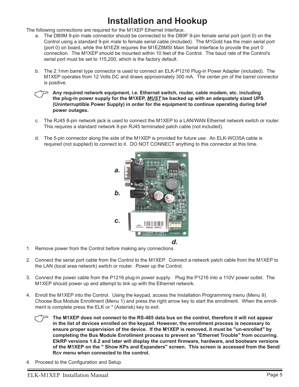 Installation and hookup, A. b. c | Elk M1XEP User Manual | Page 5 / 26