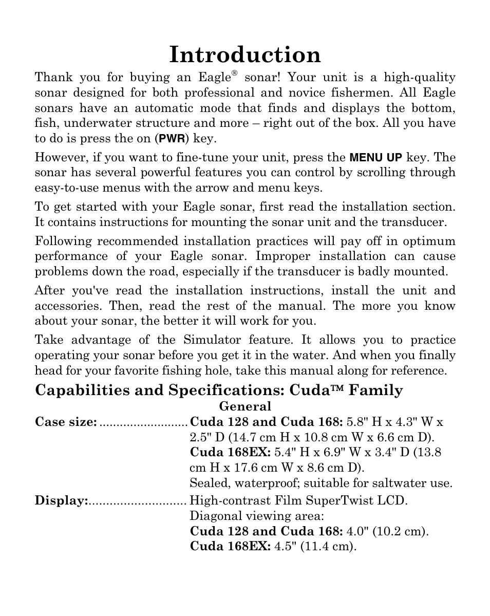 Introduction, Capabilities and specifications: cuda family | Eagle Electronics Cuda 128 Portable User Manual | Page 5 / 64