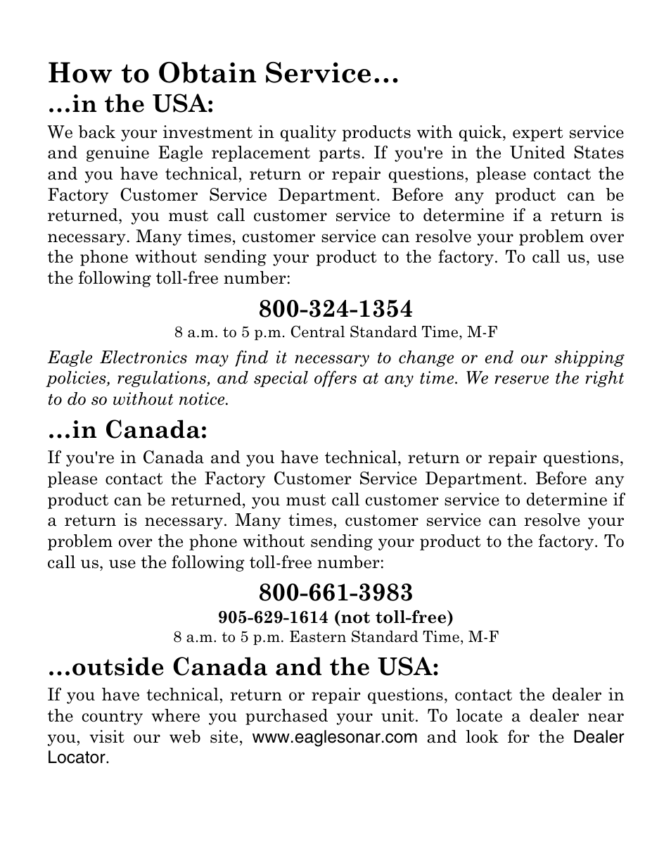 How to obtain service, Outside canada and the usa | Eagle Electronics Cuda 128 Portable User Manual | Page 62 / 64