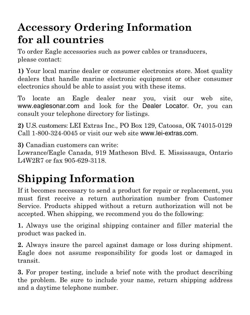 Accessory ordering information for all countries, Shipping information | Eagle Electronics Cuda 128 Portable User Manual | Page 63 / 64