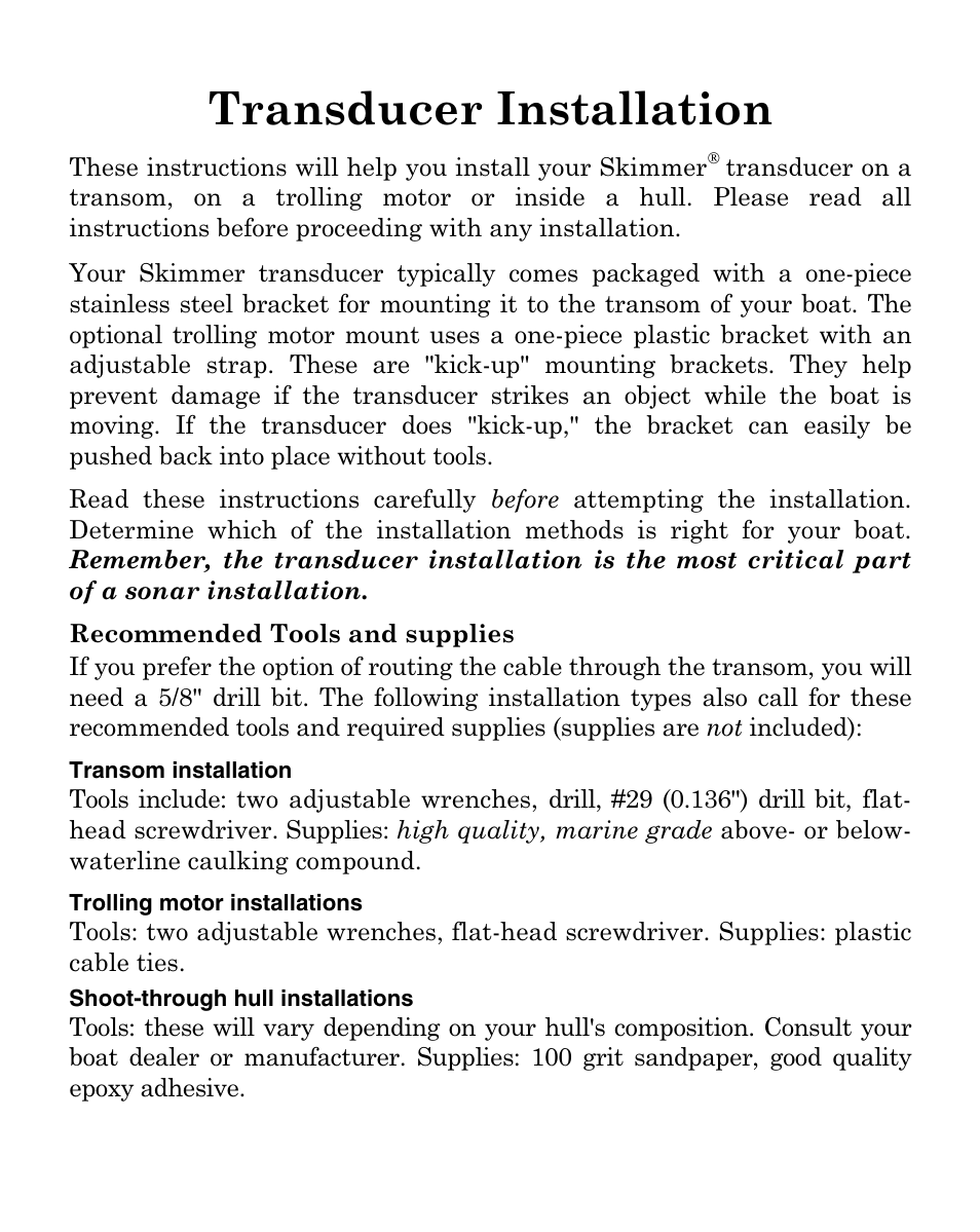 Transducer installation | Eagle Electronics Cuda 128 Portable User Manual | Page 8 / 64