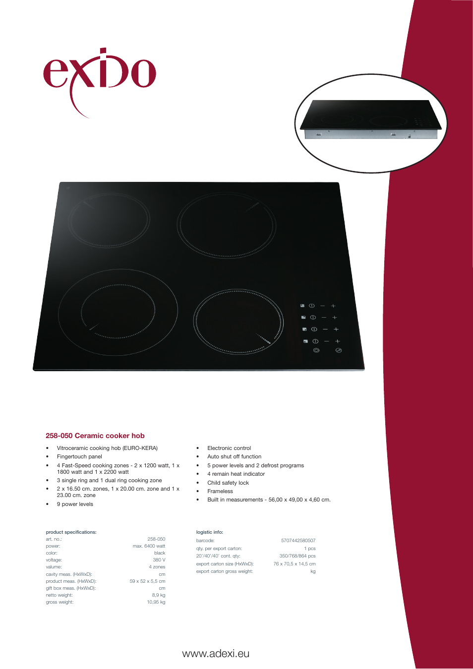 Exido Ceramic Cooker Hob 258-050 User Manual | 1 page