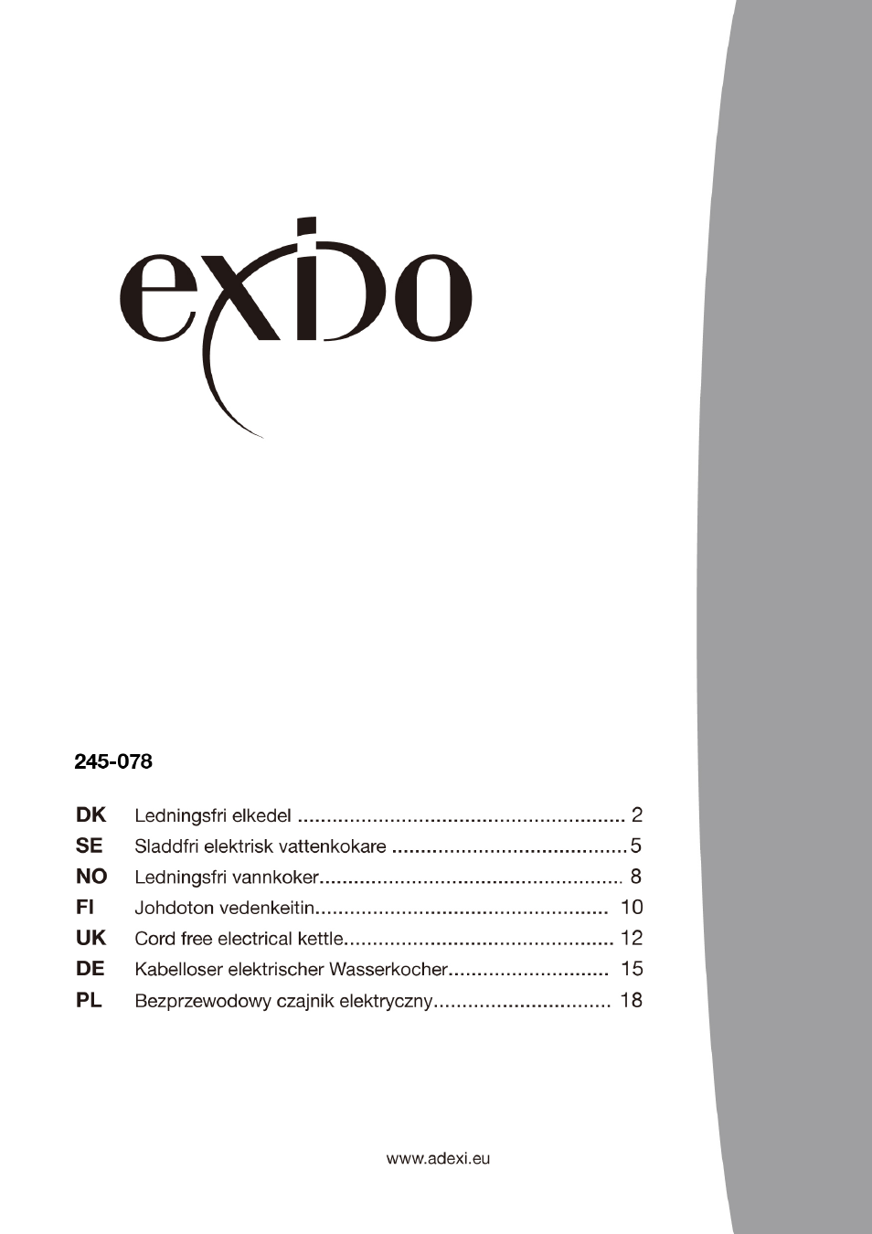 Exido Cord Free Electrical Kettle 245-078 User Manual | 22 pages