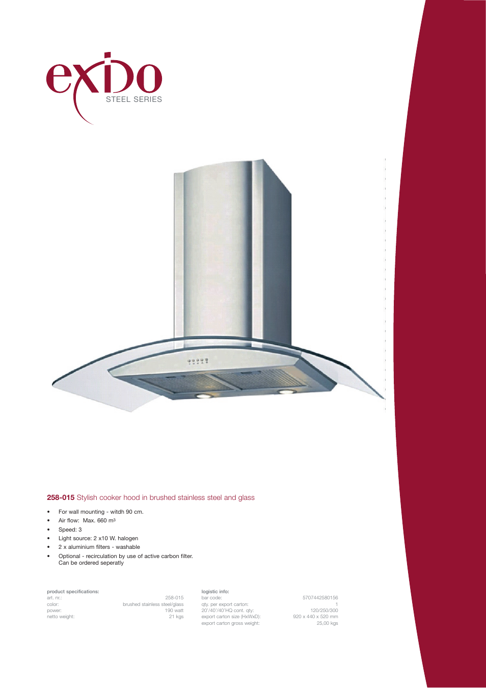 Exido Stylish Cooker Hood 258-015 User Manual | 1 page