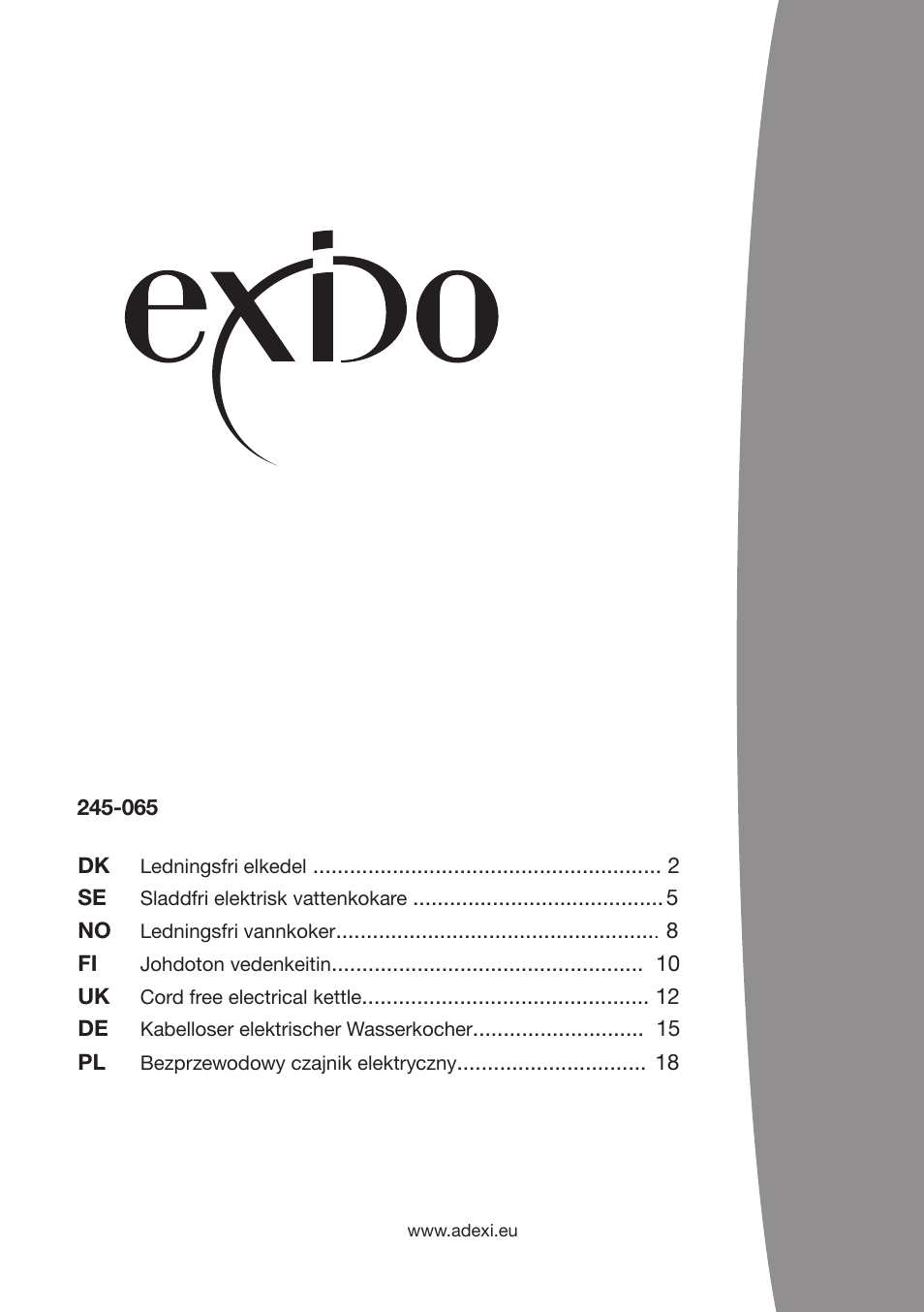 Exido Cord Free Electrical Kettle 245-065 User Manual | 22 pages