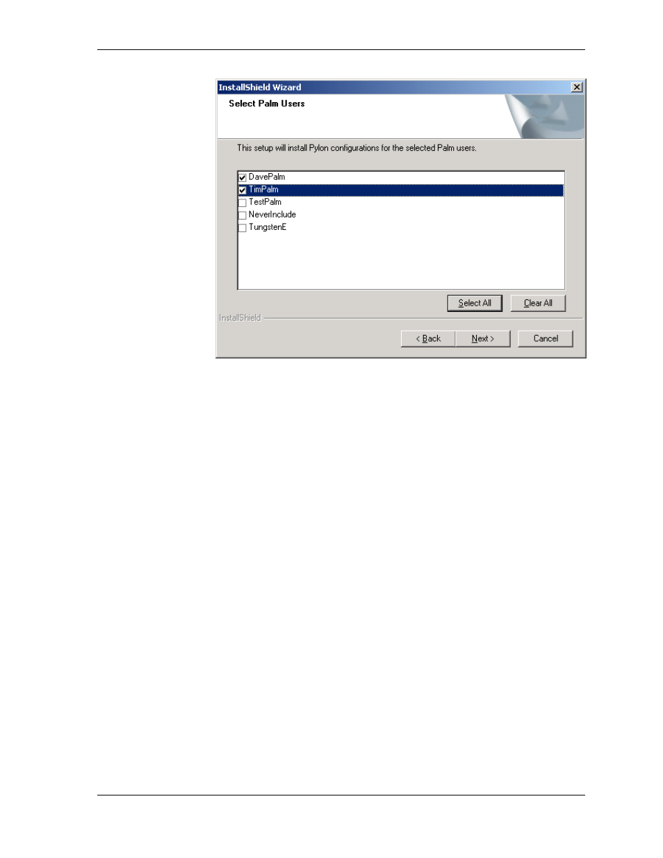 Figure 3-6 pylon installer select palm users panel | Sybase Desktop User Manual | Page 45 / 226