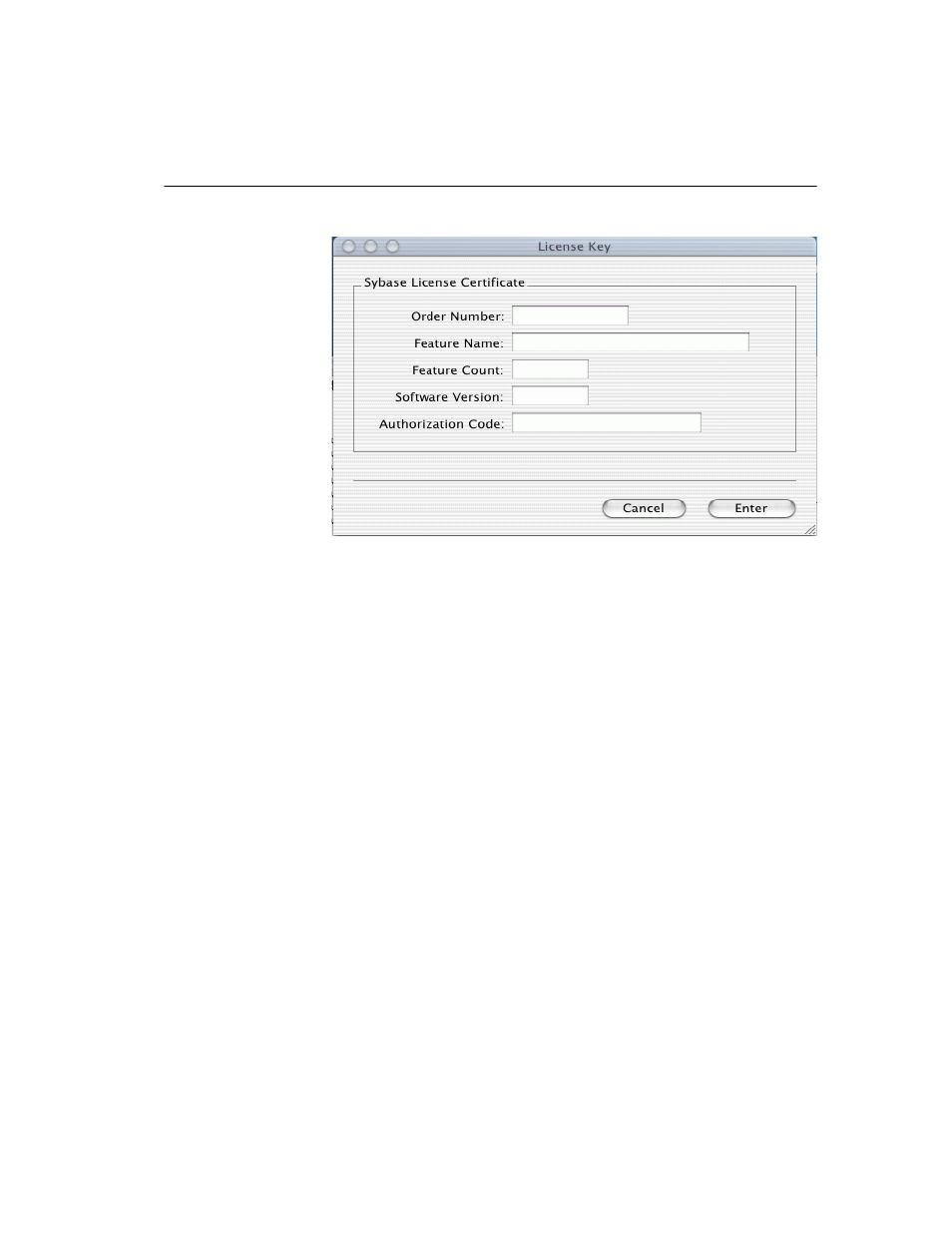 Figure 1-12: license key entry screen | Sybase MAC OS X User Manual | Page 25 / 54