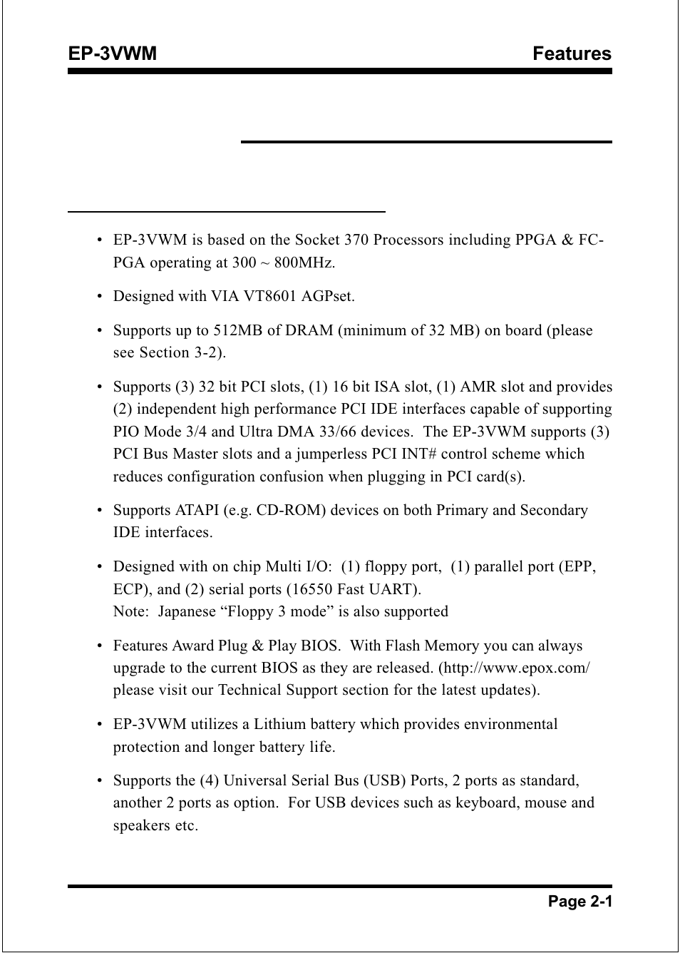 Features ep-3vwm, Ep-3vwm features | EPoX Computer EP-3VWM User Manual | Page 11 / 69