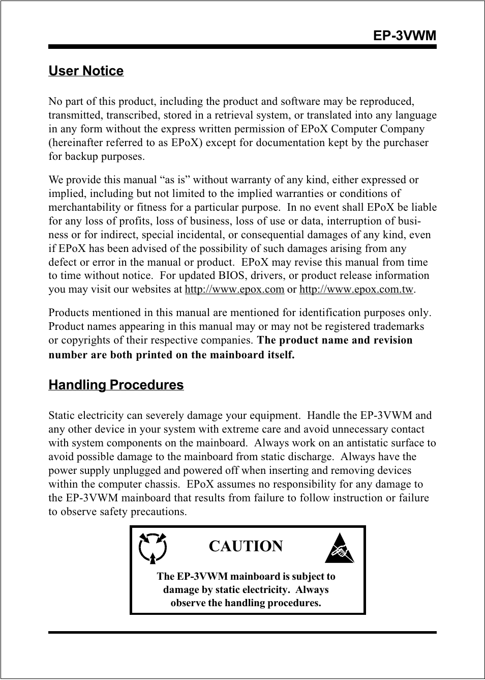 Caution, Ep-3vwm user notice, Handling procedures | EPoX Computer EP-3VWM User Manual | Page 2 / 69