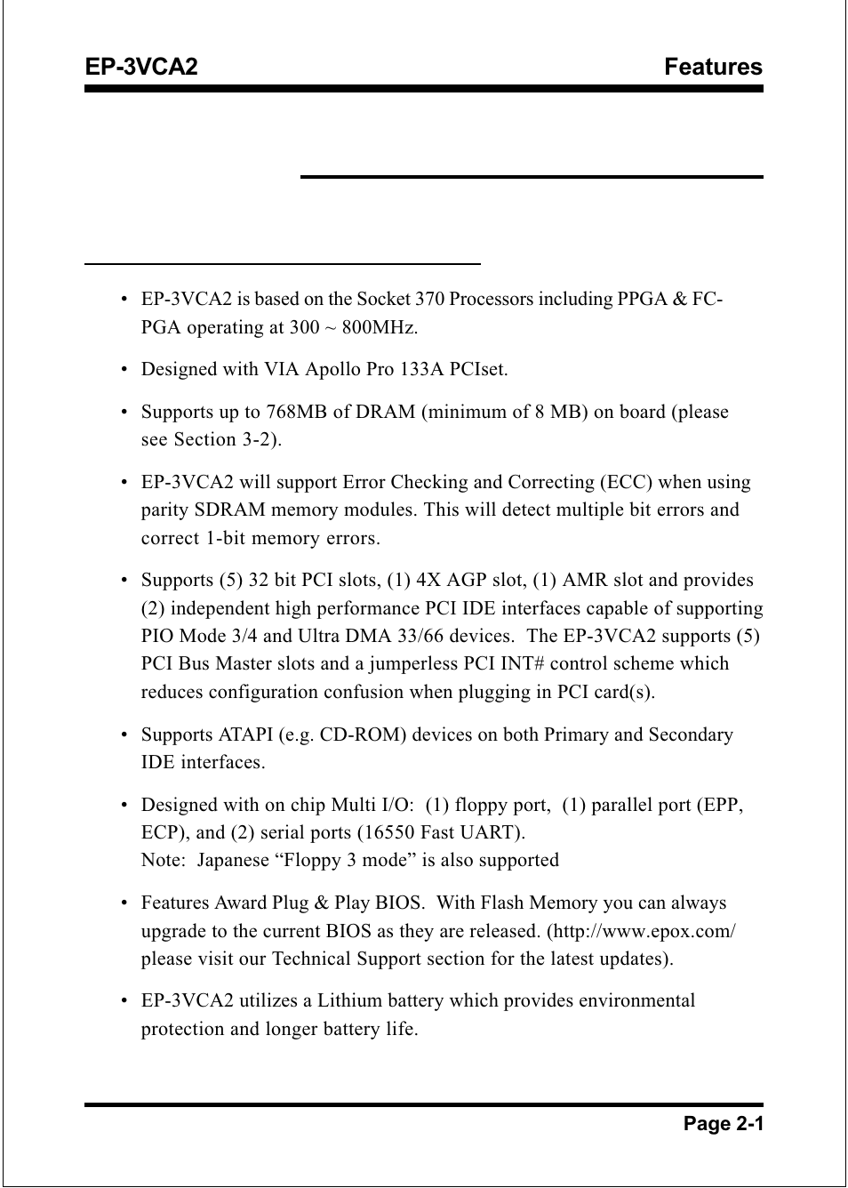 Features ep-3vca2, Ep-3vca2 features | EPoX Computer EP-3VCA2 User Manual | Page 11 / 71