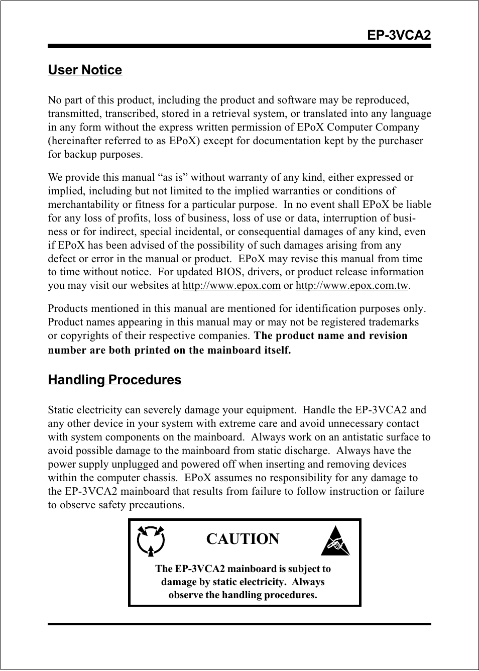 Caution, Ep-3vca2 user notice, Handling procedures | EPoX Computer EP-3VCA2 User Manual | Page 2 / 71