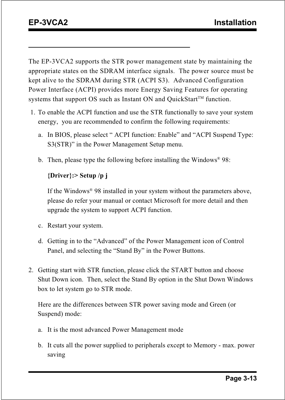 Installation ep-3vca2, 6 str (suspend to ram) function | EPoX Computer EP-3VCA2 User Manual | Page 25 / 71