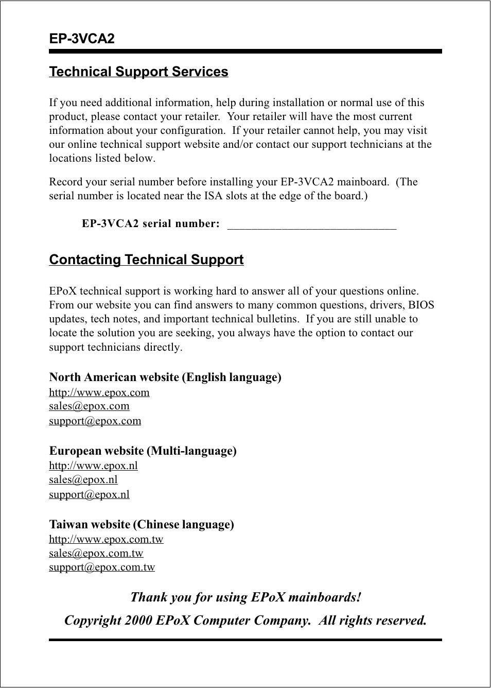 Ep-3vca2 technical support services, Contacting technical support | EPoX Computer EP-3VCA2 User Manual | Page 3 / 71