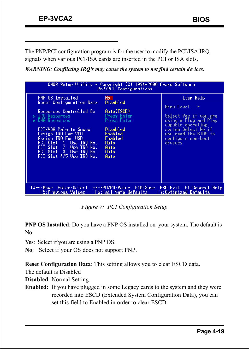 Bios ep-3vca2, 6 pnp/pci configuration | EPoX Computer EP-3VCA2 User Manual | Page 45 / 71