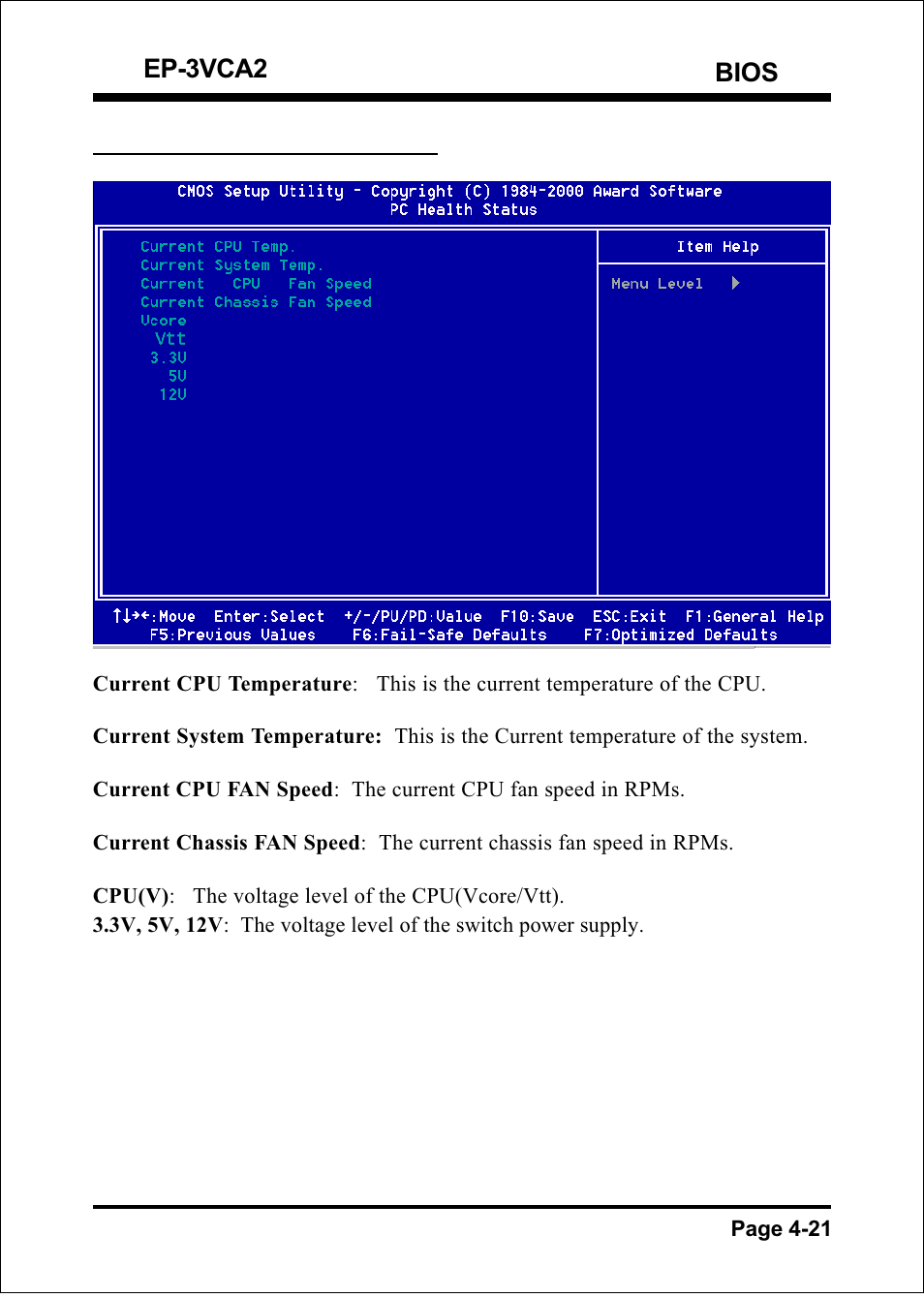 Bios ep-3vca2, 7 pc health status, Page 4-21 | EPoX Computer EP-3VCA2 User Manual | Page 47 / 71