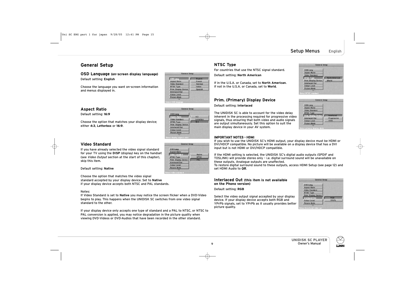 General setup, Setup menus | ENG Electric UNIDISK SC PLAYER User Manual | Page 15 / 42