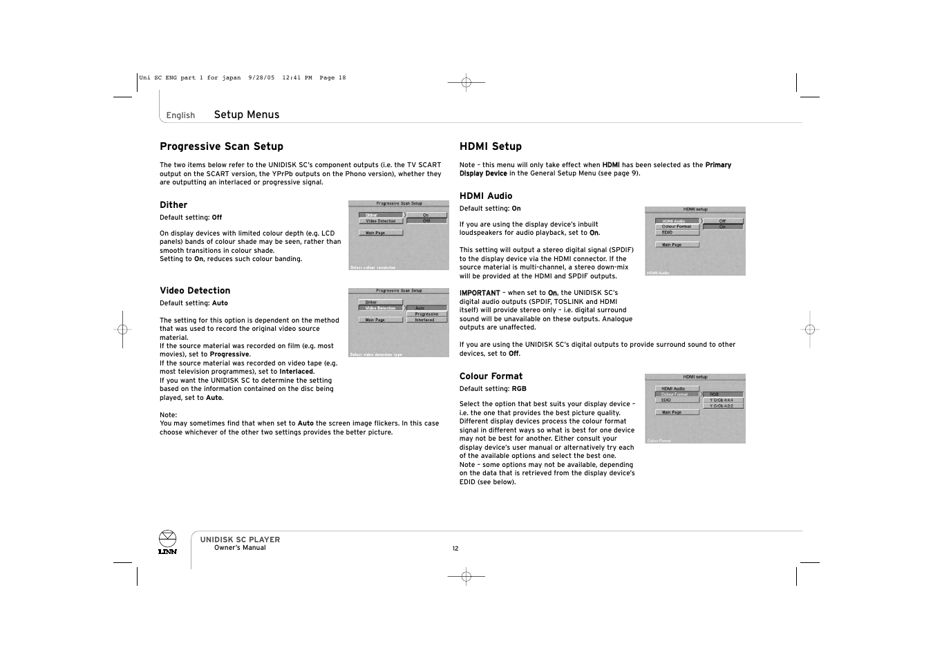 Hdmi setup, Progressive scan setup, Setup menus | ENG Electric UNIDISK SC PLAYER User Manual | Page 18 / 42