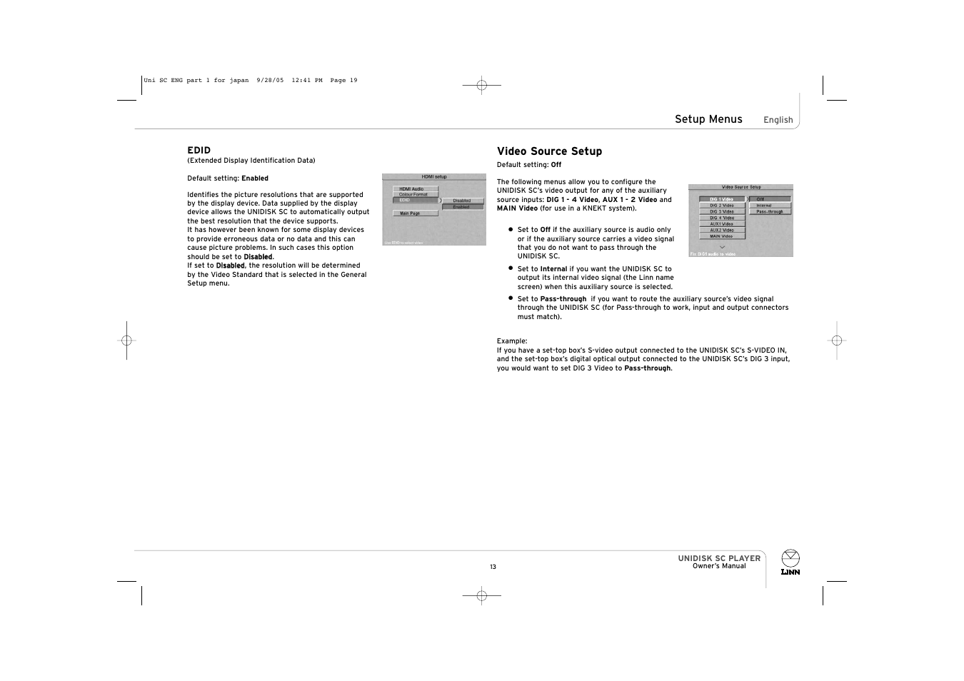 Setup menus, Video source setup | ENG Electric UNIDISK SC PLAYER User Manual | Page 19 / 42