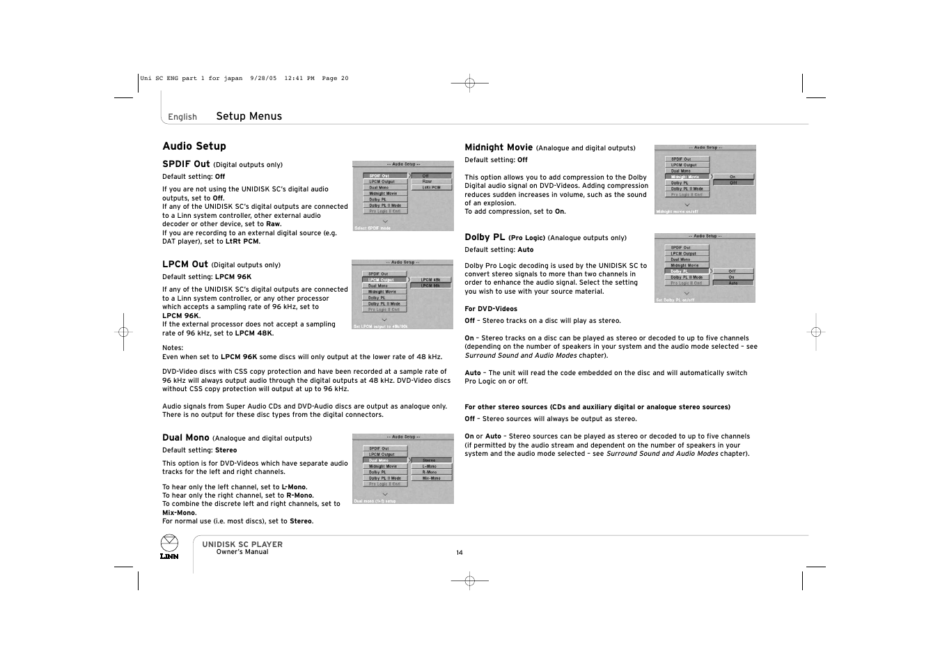 Setup menus, Audio setup | ENG Electric UNIDISK SC PLAYER User Manual | Page 20 / 42