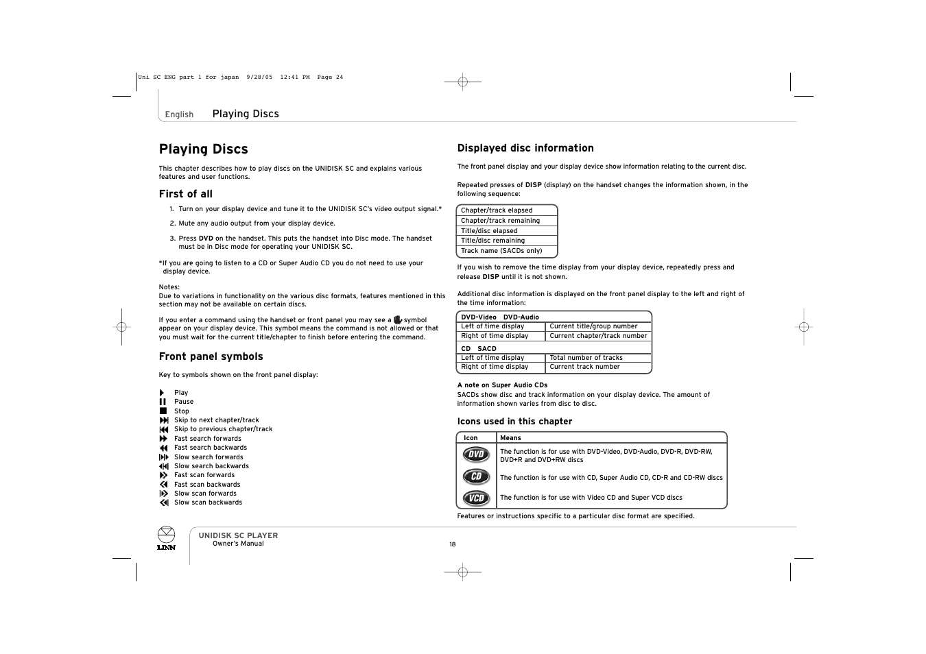 Playing discs, First of all, Front panel symbols | Displayed disc information | ENG Electric UNIDISK SC PLAYER User Manual | Page 24 / 42