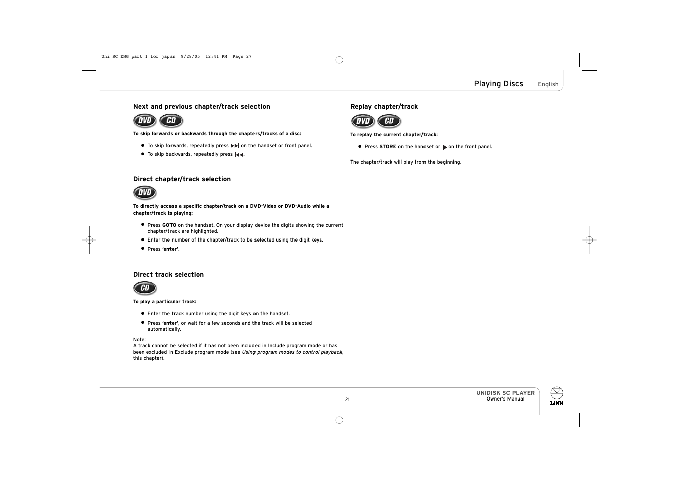 Playing discs | ENG Electric UNIDISK SC PLAYER User Manual | Page 27 / 42