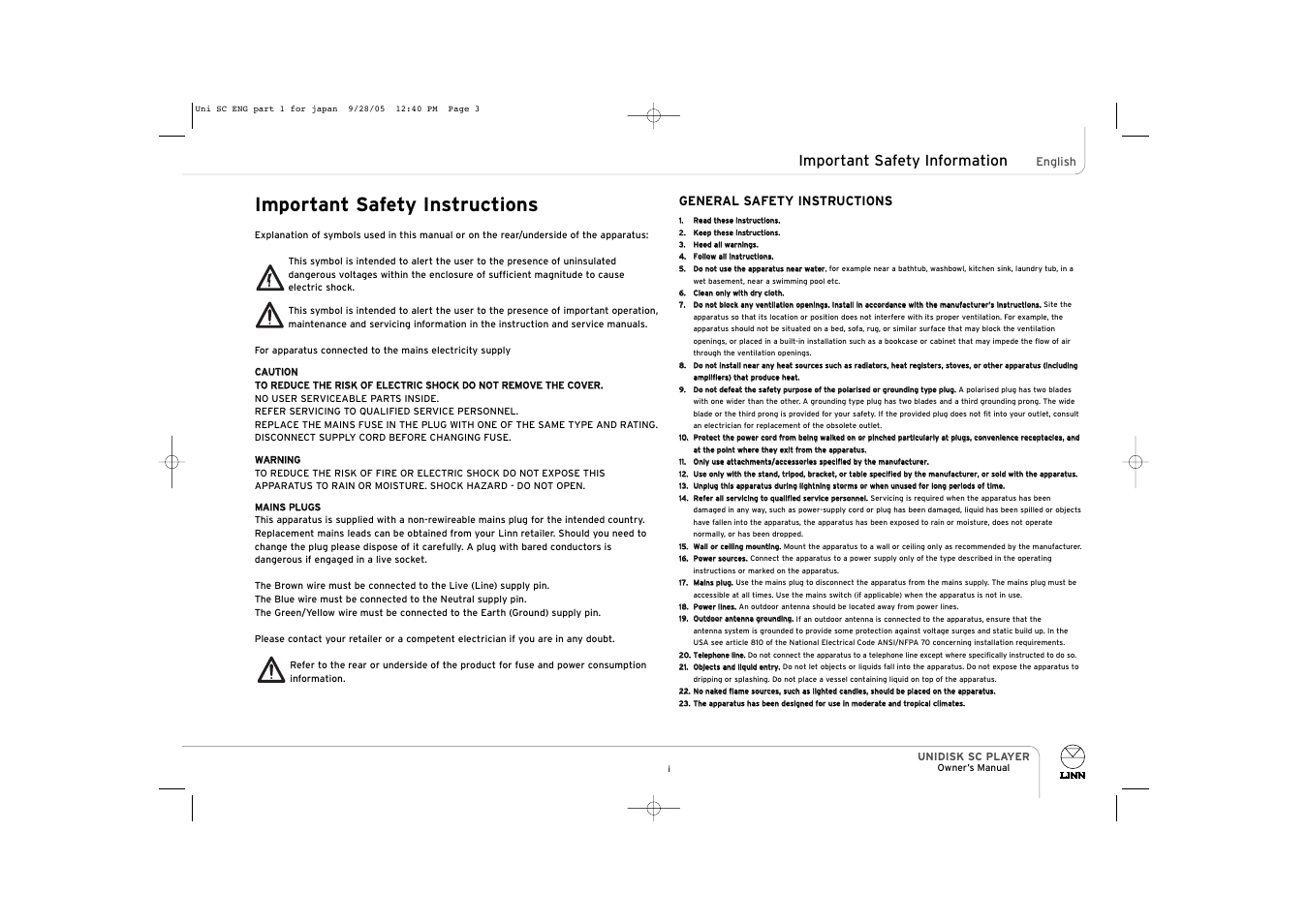 Important safety instructions, Important safety information, General safety instructions | ENG Electric UNIDISK SC PLAYER User Manual | Page 3 / 42