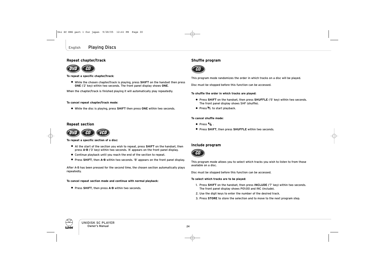 Playing discs | ENG Electric UNIDISK SC PLAYER User Manual | Page 30 / 42