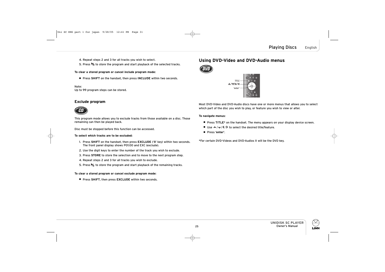 Tv title return setup preset tune scan | ENG Electric UNIDISK SC PLAYER User Manual | Page 31 / 42