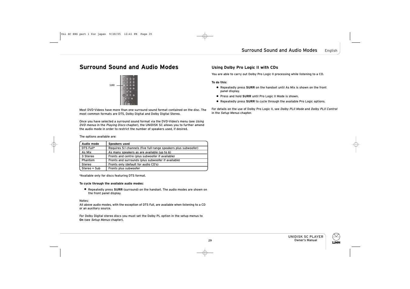 Surround sound and audio modes | ENG Electric UNIDISK SC PLAYER User Manual | Page 35 / 42