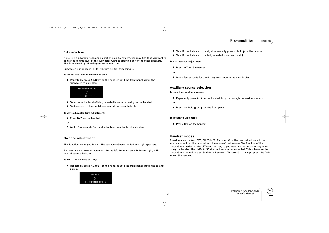 Pre-amplifier | ENG Electric UNIDISK SC PLAYER User Manual | Page 37 / 42