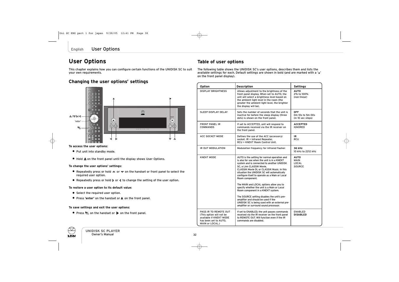 User options, Signal band mono dvd surr | ENG Electric UNIDISK SC PLAYER User Manual | Page 38 / 42